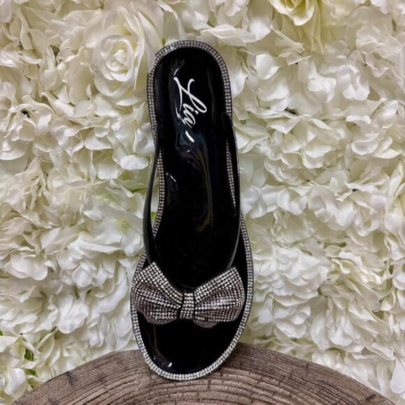 Black Sandal with Bow and Silver Gem Detailing - Picture 1 of 1